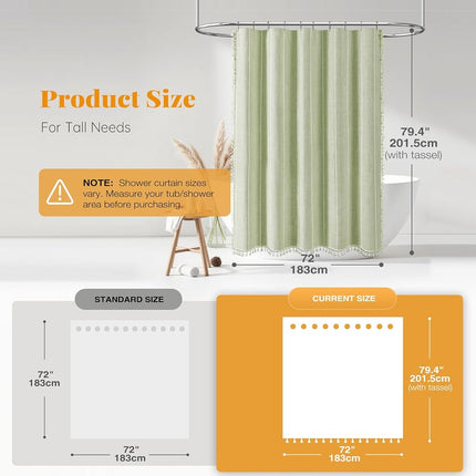 BTTN 72x78 Long Boho Farmhouse Linen Heavy Duty Shower Curtain, Sage Green