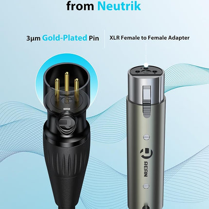 AA AUDIO ACCESSORY XLR Male to 1/4 Cable with XLR Female to Female Adapter Bundle, Rean Connectors from Neutrik, Kevlar-Reinforced Nylon Braided TRS Cable, Balanced Quarter Inch Cord, 15ft, OFC