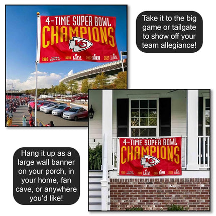 Drapeau des Chiefs de Kansas City, 4 fois champions du Super Bowl, pour extérieur et intérieur, bannière de 3x5 pieds