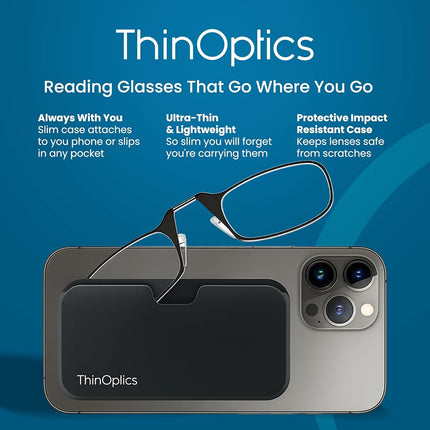 ThinOptics Folding Reading Glasses 2.00, Black, Case, for Men and Women