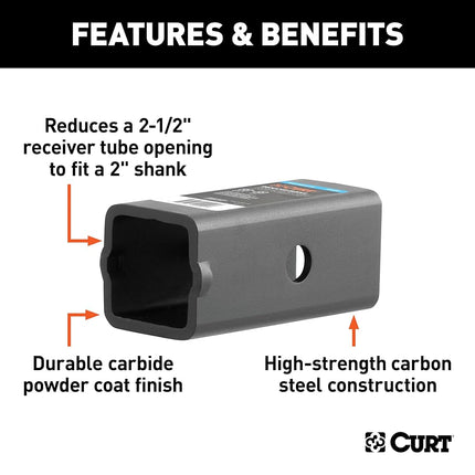 CURT 45405 Trailer Hitch Receiver Adapter Reducer Sleeve, 2-1/2 to 2-Inch, Carbide Black Powder Coat