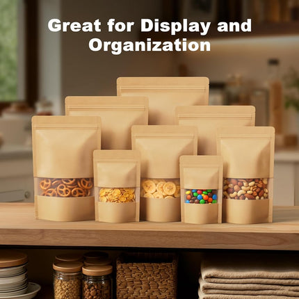 FireKylin 100 Pcs Resealable Bags, Paper Stand Up Pouches Bags with Matte Window for Small Businness, Zipper & Heat Sealable Treat Bags for Packaging (Inner Size 4.9" x 5"; Outer Size 5.5" x 7.9")