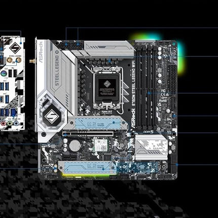 Asrock B760M STEEL LEGEND WIFI, Intel B760, 1700, Micro ATX, 4 DDR5, HDMI, DP, eDP, Wi-Fi 6E, 2.5G LAN, PCIe5, 3x M.2, RGB