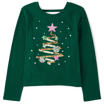 The Children's Place Girls' Long Sleeve Graphic Top with Back Detail, Holiday Tree, XX-Large