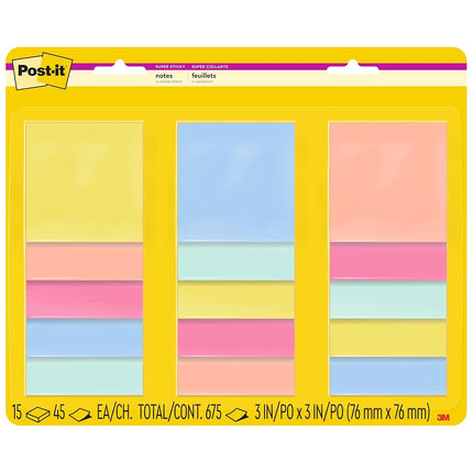 Post-it Super Sticky Notes, 3x3 in, 15 Pads, 2X The Sticking Power, Summer Joy Collection, Assorted Colors (654-15SSJOY)