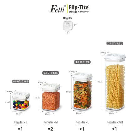 Felli Flip Tite Storage Container with Lid 4" Airtight Ring Seal Top, Stackable Acrylic Canister Jar Set for Kitchen Pantry Organizer, Food Spice Pasta Snack (5pk, Variety)
