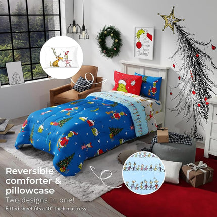 Franco Comforter and Sheet Set with Sham, Microfiber, Grinch, 5 Piece Twin Size