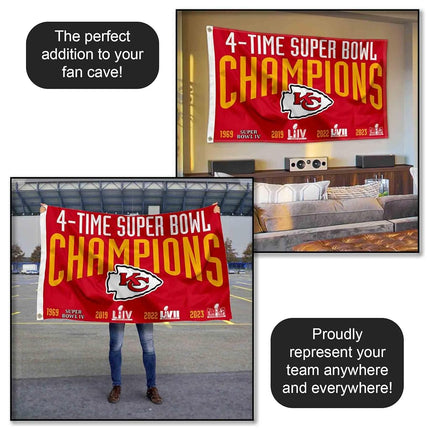 Drapeau des Chiefs de Kansas City, 4 fois champions du Super Bowl, pour extérieur et intérieur, bannière de 3x5 pieds