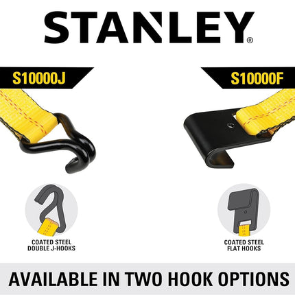 STANLEY S10000F Black/Yellow 2" x 27' Ratchet Strap with Flat Hooks - 3,333 LBS Safe Working Load / 10,000 LBS Break Strength