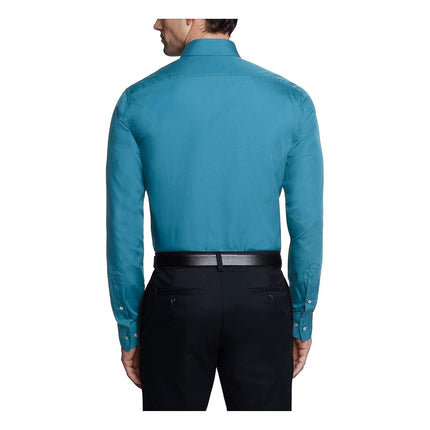 Van Heusen Men's Poplin Fitted Solid Point Collar Dress Shirt, Deep Sea, 17" Neck 32"-33" Sleeve