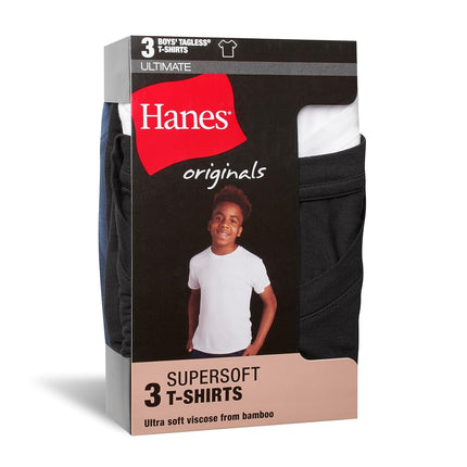 Lot de 3 tee-shirts originaux Hanes pour garçons, maillots de corps ultra doux pour garçons, anti-humidité, lot de 3, noir/blanc/bleu, taille M