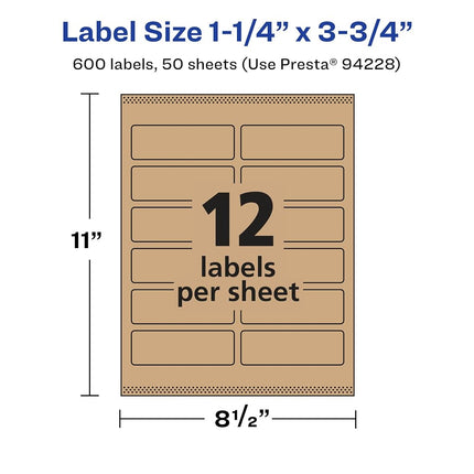 Avery Kraft Brown Rectangle Labels with Sure Feed, 1.25" x 3.75", 600 Kraft Brown Labels, Print-to-The-Edge, Laser/Inkjet Printable Labels