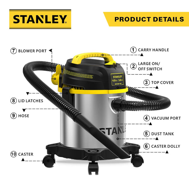 STANLEY 3 Gallon Wet Dry Vacuum, Powerful 4 Peak HP Motor, Portable Stainless Steel 3 in 1 Multifunctional Shop Vacuum with Blower, Model: SL18136