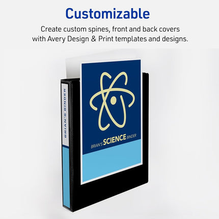 Avery Heavy-Duty View 3 Ring Binders, 1 Inch One Touch Slant Rings, 250-Sheet Capacity, DuraHinge, 1.4 Inch Wide Spine, Customizable Clear Cover and Spine, Black Binders (6-Pack of 79275)