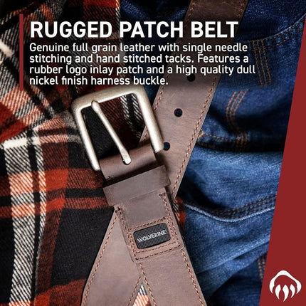Wolverine Men's Full Grain Leather Work Belt | Workwear | Heavy Duty | Utility | Rugged | Durable | Metal Buckle, Rugged Patch - Brown, 97cm