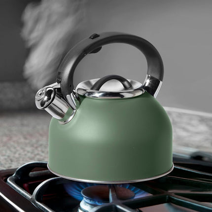 Oggi Stainless Steel Stovetop Tea Kettle - 64oz / 1.9lt, Sage, Loud Crescendo Whistle, Trigger Spout Cover