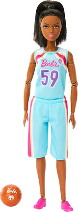 Barbie Made to Move Doll & Accessories, Brunette Basketball Player Wearing Removable Uniform with Ball, 22 Bendable Joints, HKT74
