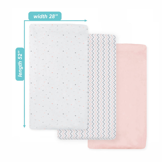 American Baby Juego de 3 sábanas ajustables de punto de algodón 100% para cuna y colchones de bebé, diseño de estrella/zig-zag rosa rubor, para niñas (33550PK/ST/ZZ)