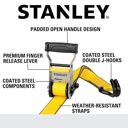 STANLEY S50002-2 Black/Yellow 1.5" x 16' Heavy-Duty Ratchet Straps (5,000 lb Break Strength), 4 Pack