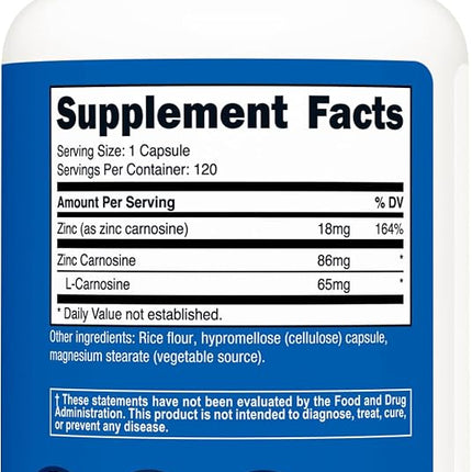Nutricost Zinc Carnosine 86mg, 120 Capsules - Non-GMO, Gluten Free, Zinc L-Carnosine Supplement