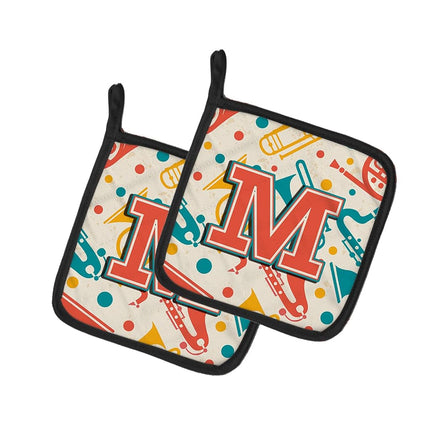Caroline's Treasures Letter M Retro Teal Orange Musical Instruments Initial Pair of Pot Holders CJ2001-MPTHD, Fabric, Multicolor