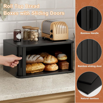 WOWLIVE Bread Box for Kitchen Countertop, Large Roll Top Bread Boxes with Sliding Door, Airtight Bread Storage Container for Loaves, Pastries & Bagels, Bamboo Counter Organizer (Black, Medium)