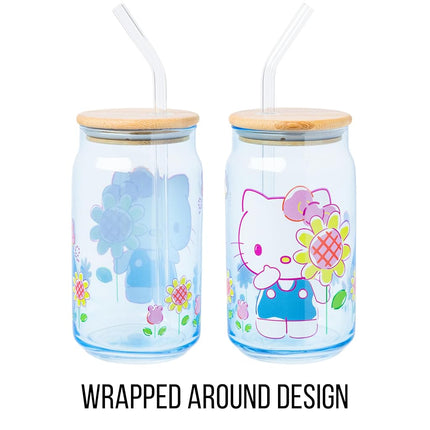 Vaso de vidrio Silver Buffalo Sanrio Hello Kitty Floral con tapa de bambú y popote de vidrio, 473 ml