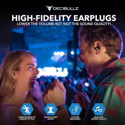 Decibullz - Custom Molded High Fidelity Earplugs - Hearing Protection for Musicians, Concertgoers, and Sensory Disabled - Black