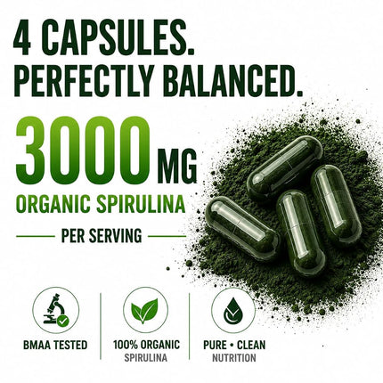 Spirulina Powder Capsules 3000 mg - Purest Non-Irradiated Blue Green Algae - Best Raw Vegan Protein - Green Superfood - Natural Multivitamins – 180 Pills Made in the USA