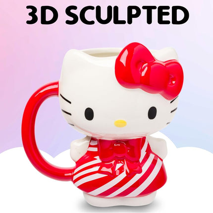 Silver Buffalo Sanrio Hello Kitty Christmas Holiday Candy Cane Dress 3D Sculpted Ceramic Mug, 20 Ounces