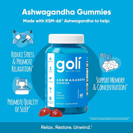 Goli Ashwagandha KSM-66 Gummies | Stress, Sleep & Mood Support | Mixed Berry | Vitamin D, Vegan, Plant Based, Non-GMO, Gluten Free, Gelatin Free | Relax. Restore. Unwind. | Pack of 3, 180 Gummies