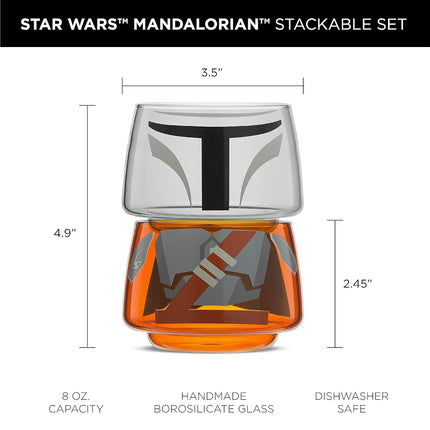 JoyJolt Character Stackable Star Wars Drinking Glasses - 8oz Mandalorian Glass Cups, Head and Body! Set of 2 for Bar, Kitchen - Fun Glassware, Star Wars Gifts