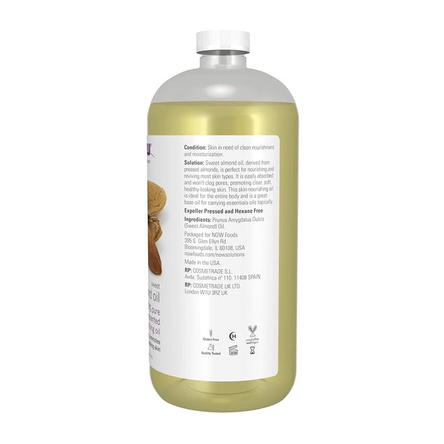 NOW Foods Solutions, Sweet Almond Oil, 100% Pure Moisturizing Oil, Promotes Healthy-Looking Skin, Unscented Oil, 32-Ounce