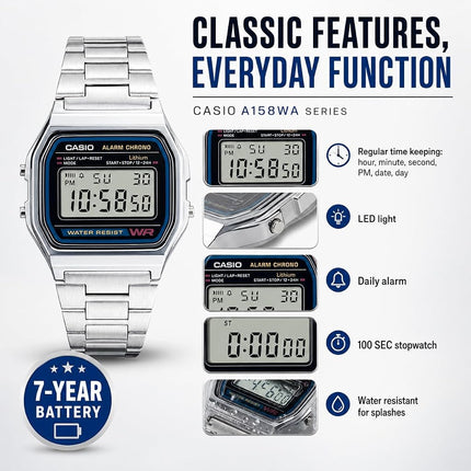 Casio Men's Digital Watch with Stainless Steel Bracelet A158WEA-1EF