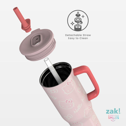 Vaso de viaje Zak Designs Sanrio Sutton para llevar, 30 oz, acero inoxidable con aislamiento al vacío, pajita de silicona y asa de transporte para bebidas frías (Hello Kitty)
