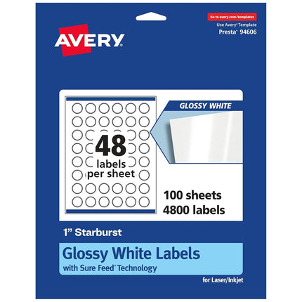 Avery Glossy White Starburst Labels with Sure Feed, 1", 4,800 Glossy White Labels, Print-to-The-Edge, Permanent Label Adhesive, Laser/Inkjet Printable Labels