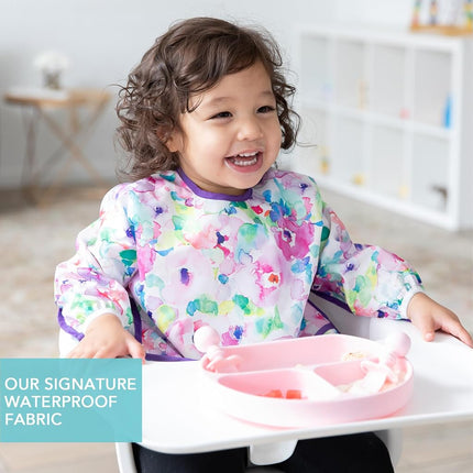 Bumkins Sleeved Bib, Handy Tie Closure for Custom Fit, Catch-All Pocket, Baby-Led Weaning, Waterproof, Machine Washable, Stain & Odour Resistant, BPA Free, 6-24 Months, Watercolour Design