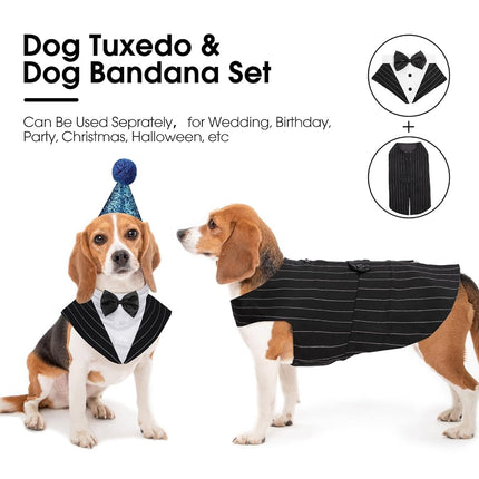 Kuoser Dog Tuxedo Dog Suit and Bandana Set, Dogs Tuxedo Wedding Party Suit, Doggy Prince Bow Tie Shirt Formal Pet Wedding Attire for Large Medium and Small Dogs Golden Retriever Samo Bulldogs