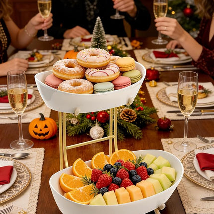 Yedio 2 Tier Ceramic Fruit Bowl for Kitchen Counter with Gold Metal Stand
