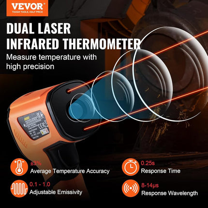 VEVOR Infrared Thermometer, -40~2732°F Dual Laser Temperature Gun Non-Contact, Handheld IR Heat Temperature Gun with Adjustable Emissivity for Metal Smelting/Cooking/Pizza Oven/Engine(Not for Human)