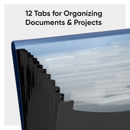 Smead Poly Expanding File Folder, 12 Pockets, 12 Customizable Tiered Tabs, Flap and Cord Closure, Letter Size, Wave Pattern Blue/Black (70863)
