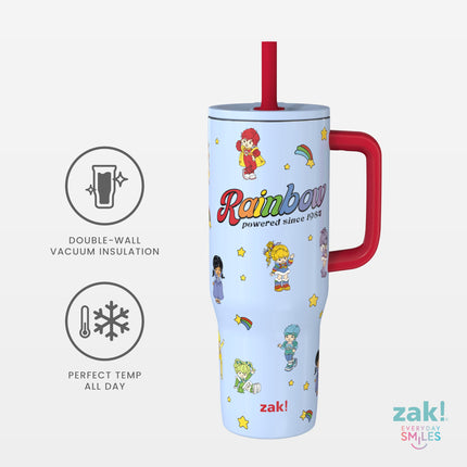 Vaso de viaje Sutton Rainbow Brite de Zak Designs para llevar, 887 ml, acero inoxidable con aislamiento al vacío, popote de silicona y asa de transporte para bebidas frías (Rainbow Brite, Color Kids)