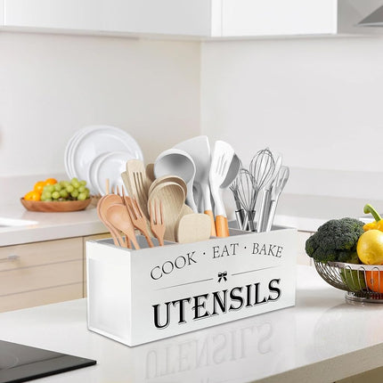 Suli Extra Large Kitchen Utensils Holder with 4 Compartments, Wooden Utensil Organizer for Countertop, Farmhouse Kitchen Decor, Rustic Cooking Utensil - White