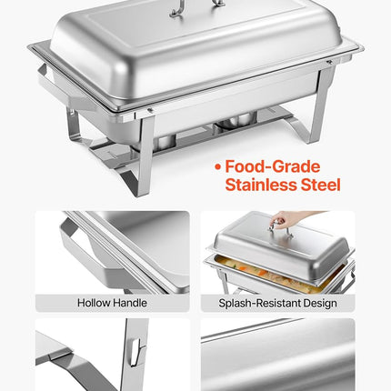 VEVOR Rectangle Chafing Dish, 9 Qt 6 Pack Stainless Steel Chafing Dish, Food Warmer Chafer Complete Set with Hollow Handle, 3 Food Tongs, Lid, Fuel Holder, Chafer Dishes for Banquet Party Wedding
