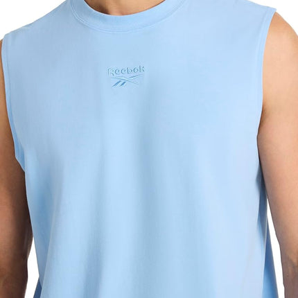 Reebok Apparel Mens Legacy Sleeveless Crewneck Tank Top, Standard Fit, Lightweight Cotton-Poly Jersey Fabric, Placid Blue, Medium
