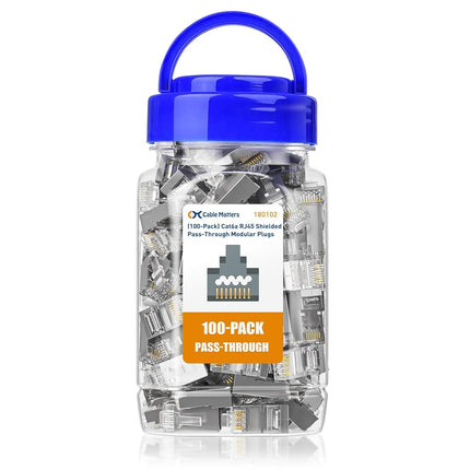 Cable Matters 100-Pack Cat 6A Shielded Pass Through RJ45 Connectors (Cat 6A Ends / Cat6A Connector / RJ45 Modular Plugs/Ethernet Plugs/Network Connector) for Solid or Stranded S/FTP Ethernet Cable