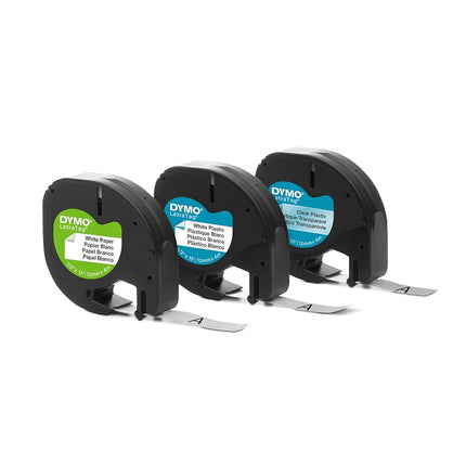 DYMO LetraTag Labeling Tape for LetraTag Label Makers, Black Print on White Paper, White Plastic and Clear Plastic Tapes, 1/2'' W x 13' L, 3 Rolls (12331)