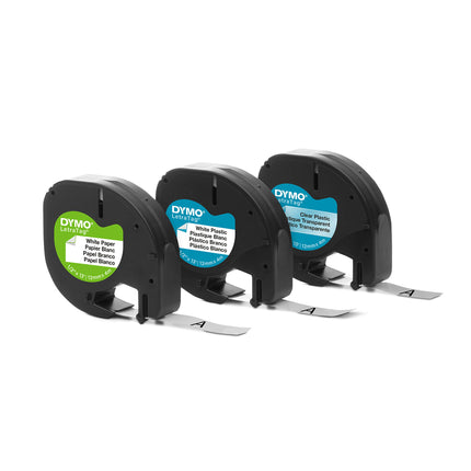 DYMO LetraTag Labeling Tape for LetraTag Label Makers, Black Print on White Paper, White Plastic and Clear Plastic Tapes, 1/2'' W x 13' L, 3 Rolls (12331)