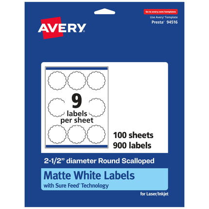 Avery Matte White Round Scalloped Labels with Sure