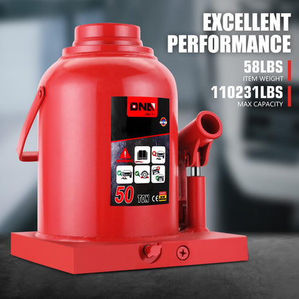 DNA MOTORING Gato hidráulico de botella soldado automotriz de 50 toneladas/110231 lb para levantar vehículos, camionetas y camiones, con mango manual, rojo, TOOLS-00365